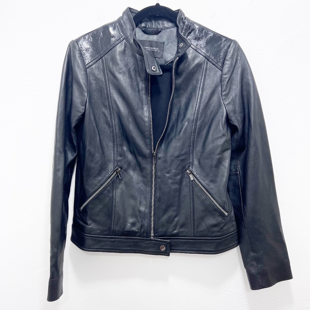 🌻2xHP!🌻 Neiman Marcus Lambskin & Patent Leather Moto Jacket Blk S